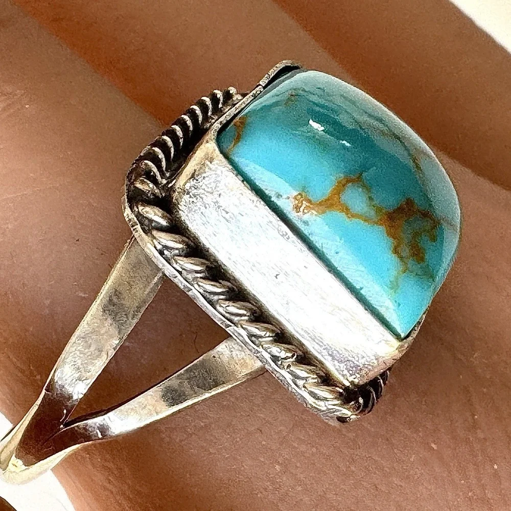 Navajo Turquoise Ring Sz 9 Signed W‎ Fish Sterling Native American Square
